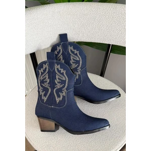 Kadın Doly Kot Kumaşı Nakışlı 5 cm Topuklu Kovboy Bot