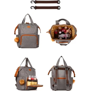 Anne Bebek Bakım Sırt Çantası 3 Termal Gözlü Puset Askı Aparatlı ve Ponpon Hediyeli Su Geçirmez Çok Gözlü Fonksiyonel Omuz Çantası