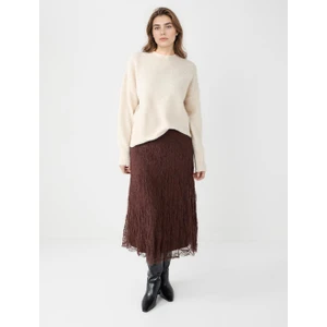 Jimmy Key Kahverengi Yüksek Bel Dantel Detaylı Örme Midi Etek