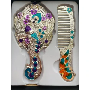 Galata Gift Ayna Tarak Seti, Kutulu-Metal-Hediyelik Takım, 13CM Aynalı Saç Fırçası, Tavuskuşu Figürlü