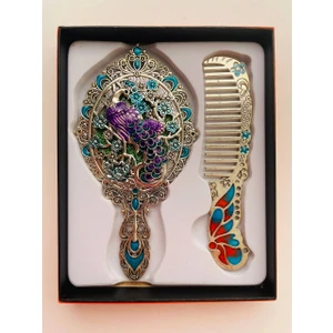 Galata Gift Ayna Tarak Seti, Kutulu-Metal-Hediyelik Takım, 13CM Aynalı Saç Fırçası, Tavuskuşu Figürlü