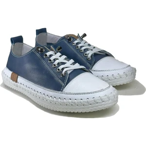 Kadın Hakiki Deri Mavi Sneaker El Dikişli Günlük Spor Ayakkabı Bağcıklı Rahat Taban