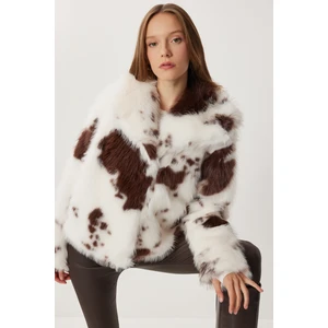 Happiness İstanbul Hayvan Desenli Suni Kürk Ceket LZH0019 Kemik Kahverengi