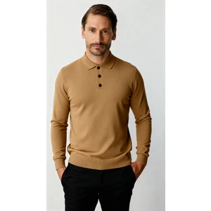 Bej Standart Fit Dar Kalıp Polo Yaka Düz Uzun Kollu  Triko