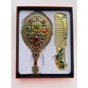 Galata Gift Ayna Tarak Seti, Kutulu-Metal-Hediyelik Takım, 13CM Aynalı Saç Fırçası, Tavuskuşu Figürlü