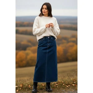 Kadın Koyu Mavi Pamuklu Denim Etek