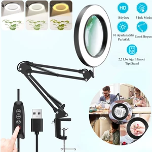 10X Büyüteçli LED Masa Lambası 3 Işık Modlu Masa Üstü Katlanabilir Kollu Bakım Onarım Güzellik Okuma
