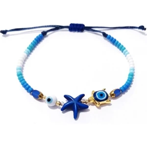 Funny Takı Lacivert Mineli Nazar Boncuklu Kaplumbağa Deniz Yıldızlı Çek Cam Boncuklu Mavi Bileklik