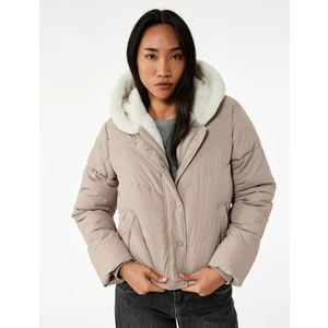 Uzun Kollu Cepli Düğmeli Su Itici Kapüşonlu Içi Suni Kürklü Kısa Şişme Mont