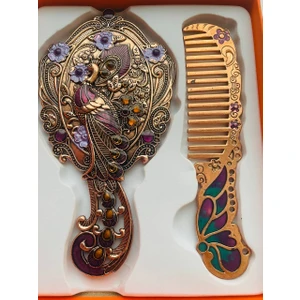 Galata Gift Ayna Tarak Seti, Kutulu-Metal-Hediyelik Takım, 13CM Aynalı Saç Fırçası, Tavuskuşu Figürlü