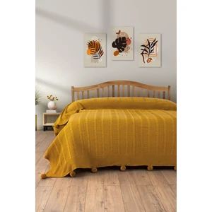 Tek Kişilik Triko Örme Battaniye - Yumuşak Dokulu & Şık Yatak Örtüsü-Örgü Battaniye - Hardal