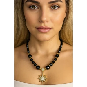 Solare Accessories Zirkon Taşlı Güneş Uçlu Siyah Inci Kolye