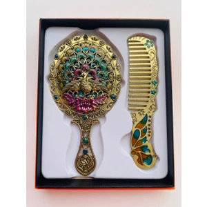Galata Gift Ayna Tarak Seti, Kutulu-Metal-Hediyelik Takım, 13CM Aynalı Saç Fırçası, Tavuskuşu Figürlü