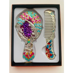 Galata Gift Ayna Tarak Seti, Kutulu-Metal-Hediyelik Takım, 13CM Aynalı Saç Fırçası, Tavuskuşu Figürlü