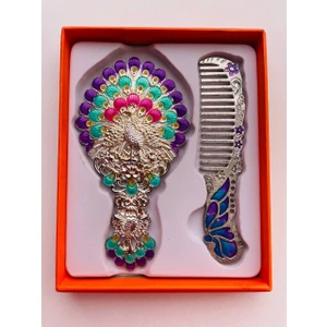 Galata Gift Ayna Tarak Seti, Kutulu-Metal-Hediyelik Takım, 13CM Aynalı Saç Fırçası, Tavuskuşu Figürlü