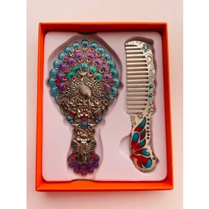 Galata Gift Ayna Tarak Seti, Kutulu-Metal-Hediyelik Takım, 13CM Aynalı Saç Fırçası, Tavuskuşu Figürlü