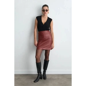 Suni Deri Mini Etek - Bordo