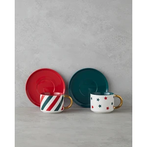 English Home Holiday Shine New Bone China 4 Parça 2 Kişilik Çay Fincanı Takımı 200 ml Kırmızı-Yeşil-Gold