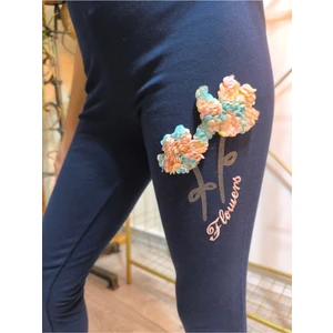 Şimo Butik Kız Çocuk Tayt Kışlık Şardonlu Pamuklu Beli Lastikli Nakışlı Lale Lacivert