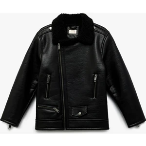 Peluş Detaylı Uzun Kollu Kruvaze Yaka Biker Deri Ceket