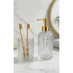 Belya Home Lüks Desenli Cam Banyo Seti | Altın Basmalı Sıvı Sabunluk ve Diş Fırçalık