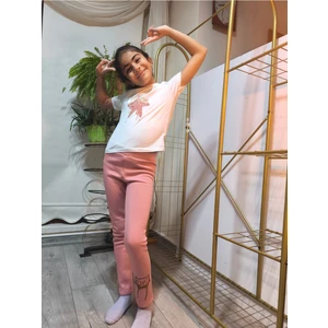 Şimo Butik Kız Çocuk Tayt Kışlık Pamuklu Şardonlu Beli Lastikli Gözlüklü Kedi Gül Kurusu Dar Kalıp