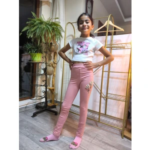 Şimo Butik Kız Çocuk Tayt Kışlık Şardonlu Pamuklu Beli Lastikli Nakışlı Lale Pudra