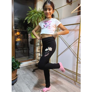 Şimo Butik Kız Çocuk Tayt Kışlık Şardonlu Pamuklu Beli Lastikli Nakışlı Lale Siyah