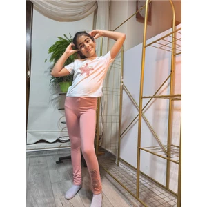 Şimo Butik Kız Çocuk Tayt Kışlık Pamuklu Şardonlu Beli Lastikli Kurdeleli Köpekli Gül Kurusu Dar Kalıp