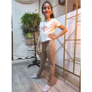 Şimo Butik Kız Çocuk Tayt Kışlık Pamuklu Şardonlu Beli Lastikli Gözlüklü Kedi Camel Dar Kalıp