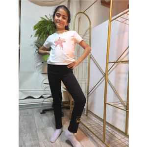 Şimo Butik Kız Çocuk Tayt Kışlık Pamuklu Şardonlu Beli Lastikli Gözlüklü Kedi Siyah Dar Kalıp