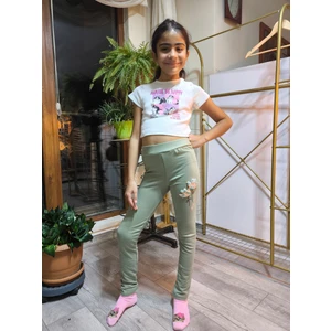 Şimo Butik Kız Çocuk Tayt Kışlık Şardonlu Pamuklu Beli Lastikli Nakışlı Lale Yeşil