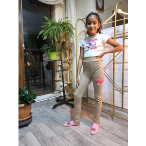 Şimo Butik Kız Çocuk Tayt Kışlık Şardonlu Pamuklu Beli Lastikli Nakışlı Kelebek Camel