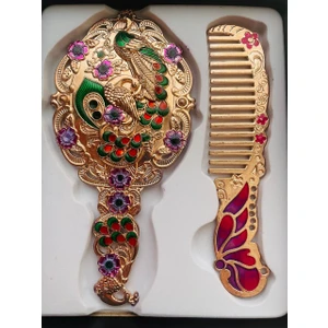 Galata Gift Ayna Tarak Seti, Kutulu-Metal-Hediyelik Takım, 13CM Aynalı Saç Fırçası, Tavuskuşu Figürlü