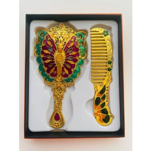 Galata Gift Ayna Tarak Seti, Kutulu-Metal-Hediyelik Takım, 13CM Aynalı Saç Fırçası, Tavuskuşu Figürlü