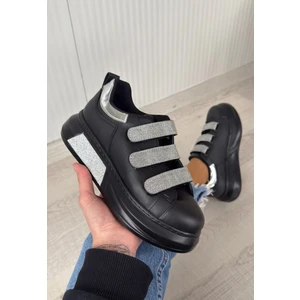 Moda Juan Elika Siyah Cilt Simli Cırt Cırtlı Spor Ayakkabı