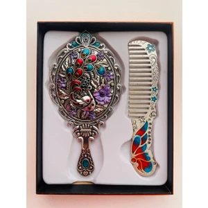 Galata Gift Ayna Tarak Seti, Kutulu-Metal-Hediyelik Takım, 13CM Aynalı Saç Fırçası, Tavuskuşu Figürlü