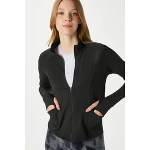 Jogging Vücuda Oturan Cepli Parmak Geçmeli Siyah Spor Ceket / Hırka