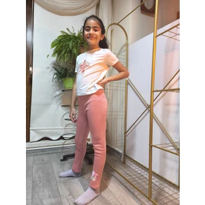 Şimo Butik Kız Çocuk Tayt Kışlık Pamuklu Şardonlu Beli Lastikli Kurdeleli Kedi Gül Kurusu Dar Kalıp