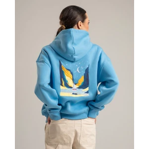 Voyage Kadın Yumusaçık Kumaşlı Kapüşonlu Oversize Fit Nakışlı Mavi Sweatshirt