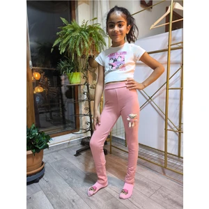 Şimo Butik Kız Çocuk Tayt Kışlık Pamuklu Beli Lastikli Oyuncak Ayılı Pudra