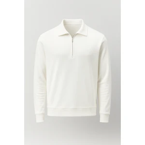 Eric Relax Fit Yarım Fermuarlı Polo Yaka Selanik Kumaş Erkek Sweatshirt - Ekru