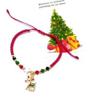 Funny Takı Yılbaşı Kartlı Yavru Geyik ve Yıldızlı Kristal ve Çek Cam Boncuklu Yılbaşı  Çocuk Bileklik