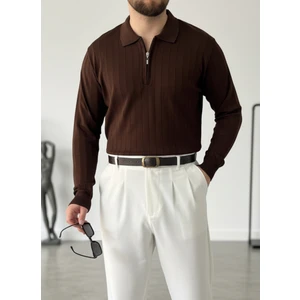 Alex Rosen Koyu Kahve Yarım Fermuar Polo Yaka Triko Fitilli Kazak