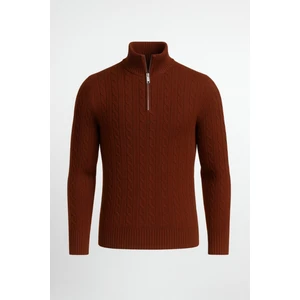 Bardem Saç Örgülü Yarım Fermuar Erkek Triko Kazak - Kahve