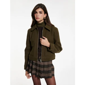 Uzun Kollu Fermuar Detaylı Cepli Crop Kaşe Ceket