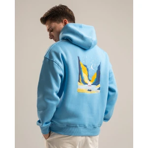 Voyage Erkek Yumusaçık Kumaşlı Kapüşonlu Oversize Fit Nakışlı Mavi Sweatshirt