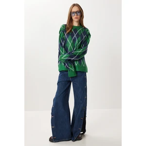 Happiness İstanbul Baklava Desenli Oversize Triko Kazak LFN0123 Yeşil Lacivert