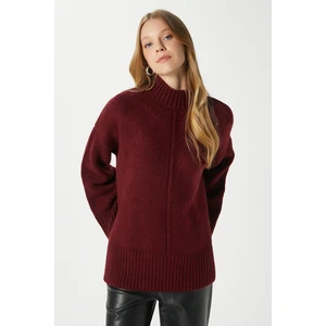 Kadın Wonder Yumuşacık Dik Yaka Bordo Yırtmaçlı Oversize Triko Kazak