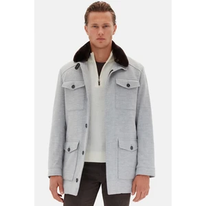 Twn Slim Fit Gri Düz Çıkarılabilir Kürklü Kaban